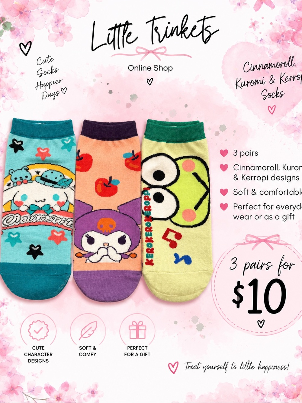 Cinnamoroll, Kuromi & Kerropi (3 pairs for $10)